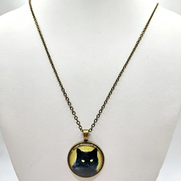 Black Cat Kitty Cabochon Necklace Halloween Witch Familiar New - Picture 2 of 5